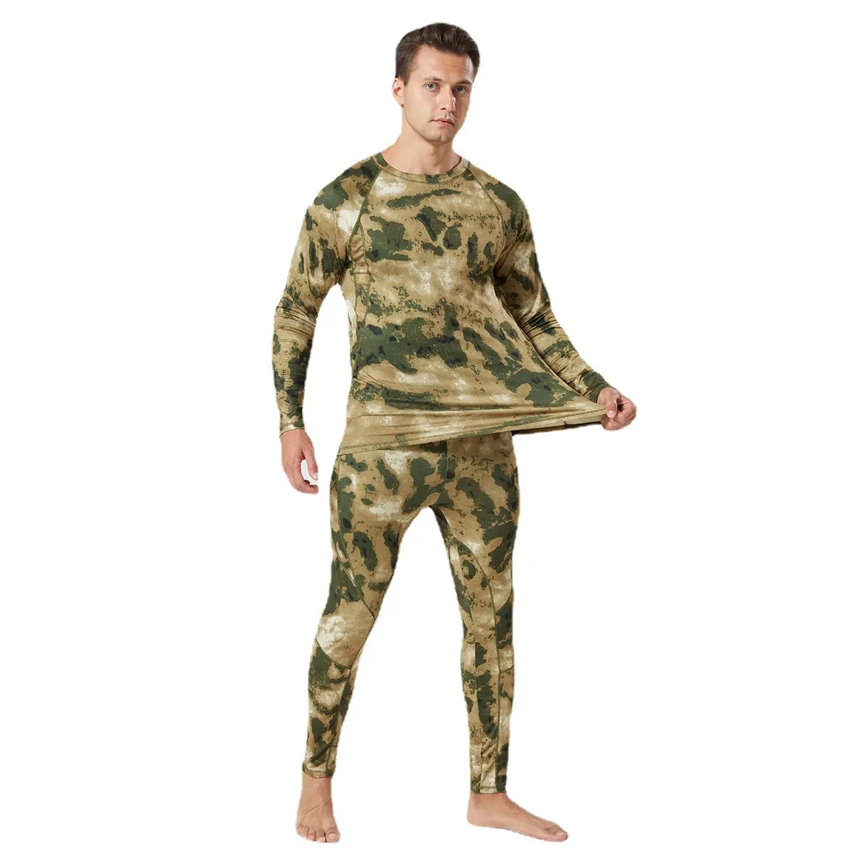 Men's Brushed Fleece Thermal Underwear Set - Military Camouflage, Stretchy Soft Fabric, Moisture-Wicking Breathable, Round Neck Layer for Autumn-Winter Outdoor Sports, Menswear