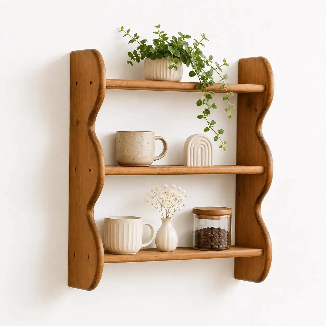 Solid Wood Wall Shelf 3-Tier, Easy Assembly Floating Shelves with Sturdy Durable Wood Construction, Rustic Wall Mounted Storage Rack for Farmhouse Decor, Apartment, Living Room and Bedroom wood color