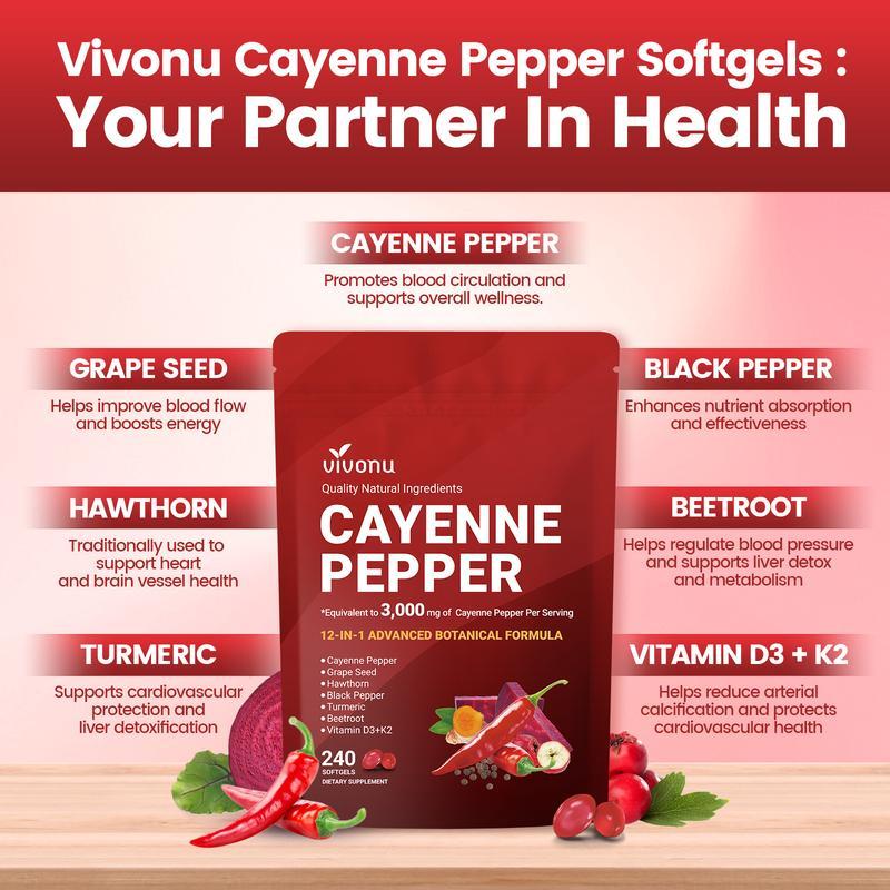 Cayenne Pepper Softgels for Circulation & Vitality | with Vitamins D3 K2, Beetroot & Hawthorn Extracts | Plant-Based, Non-GMO
