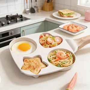 Non-stick frying pan, four-hole heart-shaped wooden handle pancake plate, granite-style breakfast frying pan, small non-stick pan for eggs, omelets, toast, pancakes and crepes, easy-to-clean multi-functional kitchen gadget, compact birthday gift mold