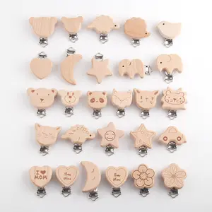 10PCS Natural Beech Wood Teething Pacifier Clip Animal Design For Teether Chewing Toys Accessory DIY Baby Pacifier Chain