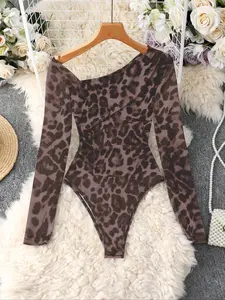 Women's Elegant Leopard Print One-Shoulder Slim Fit Bodysuit, Comfortable Stylish Casual Wear, Perfect for Daily Wear