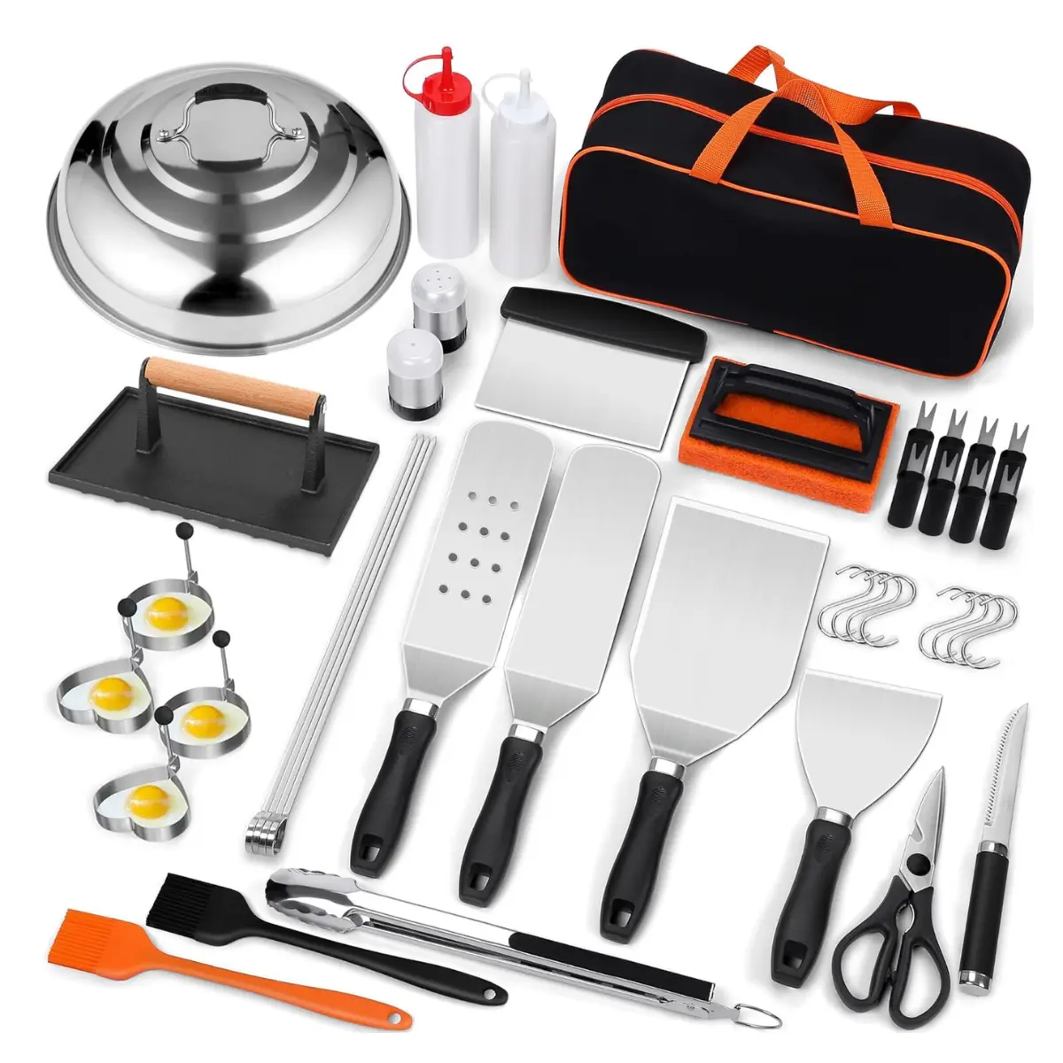 42 PCS Heavy-Duty Stainless Steel Griddle Accessories Kit for Blackstone, Outdoor Barbecue Utensils Set with Enlarged Flat Spatulas, Melting Dome, Burger Press and Aluminum Grill Brush