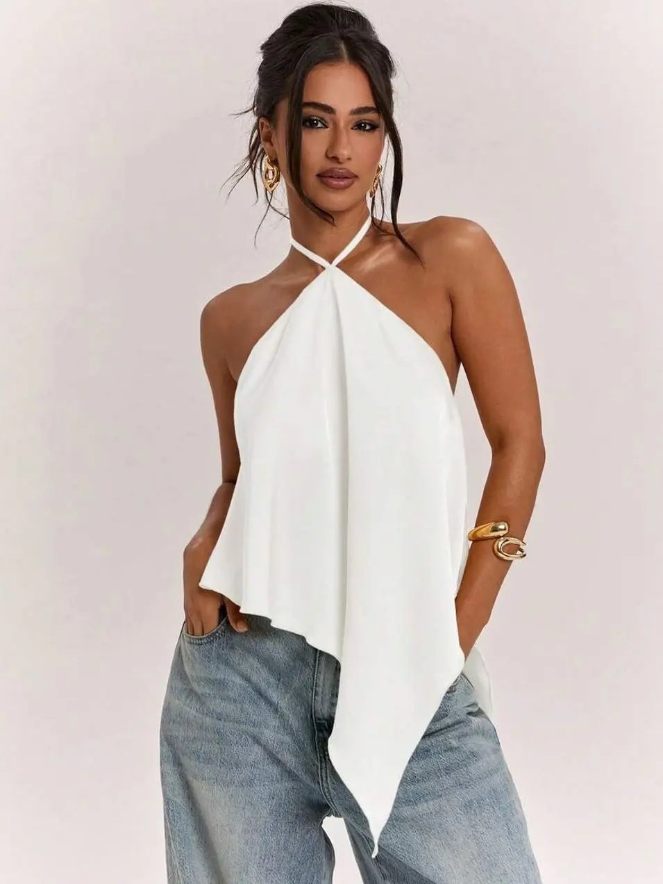 Women's Satin Halter Backless Camisole Top, Asymmetrical Hem Summer Tank Top for Beach Vacation, Resort and Party Wear Outfit