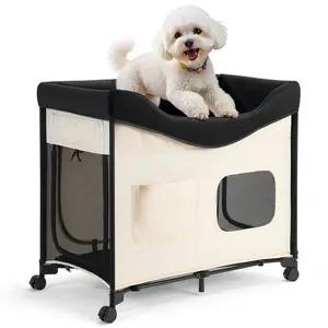 Elevated Lounge Pet Bed Foldable Bunk Dog Bed With Wheels And Side Storage Bags For Travel, Indoor Outdoor Use, Non-Slip Frame, Washable Cover, Lightweight Portable Design, Suitable For Small To Large Dogs