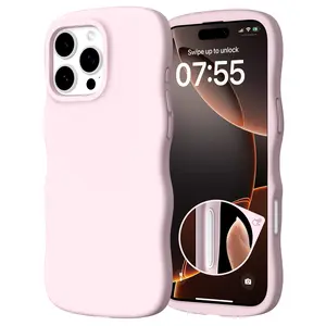 ORNARTO iPhone 17 16 Series Cute Curly Wave Edge Camera Control Button Shockproof Protective Liquid Silicone Phone Cover for Women Girls