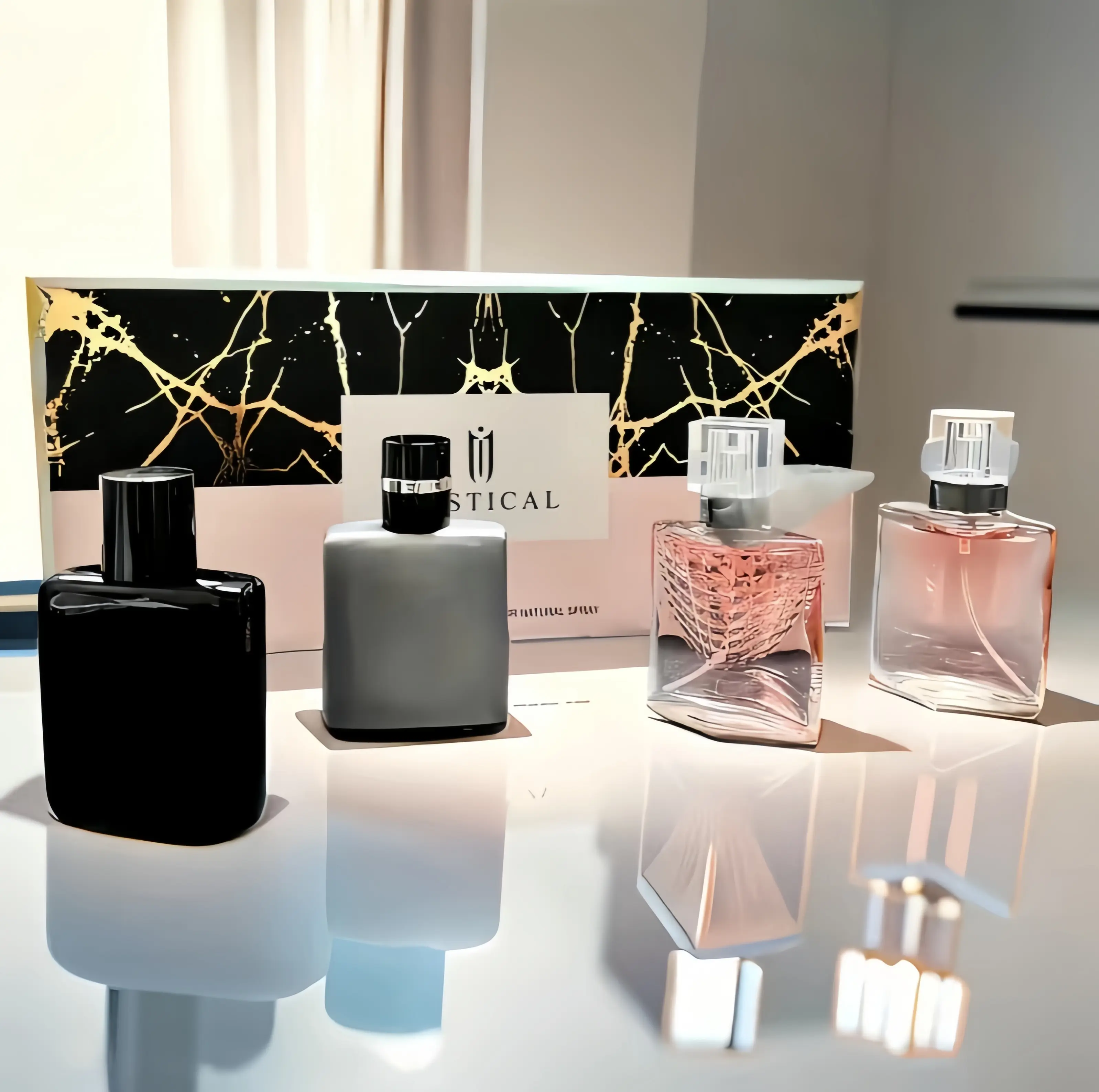 Black Gold Marble Perfume Set I 30ml*4 ITwo men's woody and twowomen's floral-fruity fragrances I with bottlesfeaturing a high-end, light luxury feelIsuitable for personal use or as gifts  Mini Perfumes，Perfect birthday gift, portable travel size,