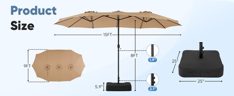 15ft Large Patio Umbrella with Base Included, Rectangle Table Umbrella Outdoor Patio, Outside Umbrellas for Deck, Market, Backyard, Khaki