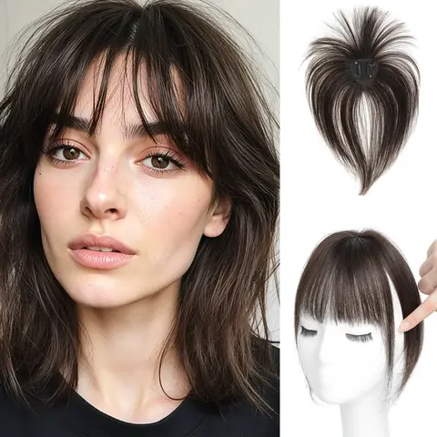 YAMI Women's 100% Human Hair Clip-On Toppers with Front Bangs Extensions, Natural Black Straight Clip on Hairpieces, Lightweight Comfortable Easy-Styling Human Hair Pieces for Travel, Work, Dating