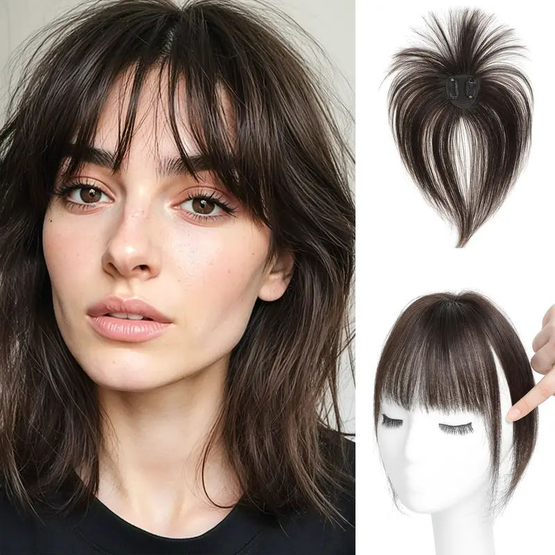 YAMI Women's 100% Human Hair Clip-On Toppers with Front Bangs Extensions, Natural Black Straight Clip on Hairpieces, Lightweight Comfortable Easy-Styling Human Hair Pieces for Travel, Work, Dating