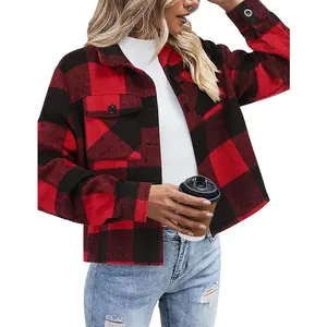 Flannels for Women Cropped Shacket Jacket Fashion Plaid Button Down Shirt 2025 Fall Coat Tops