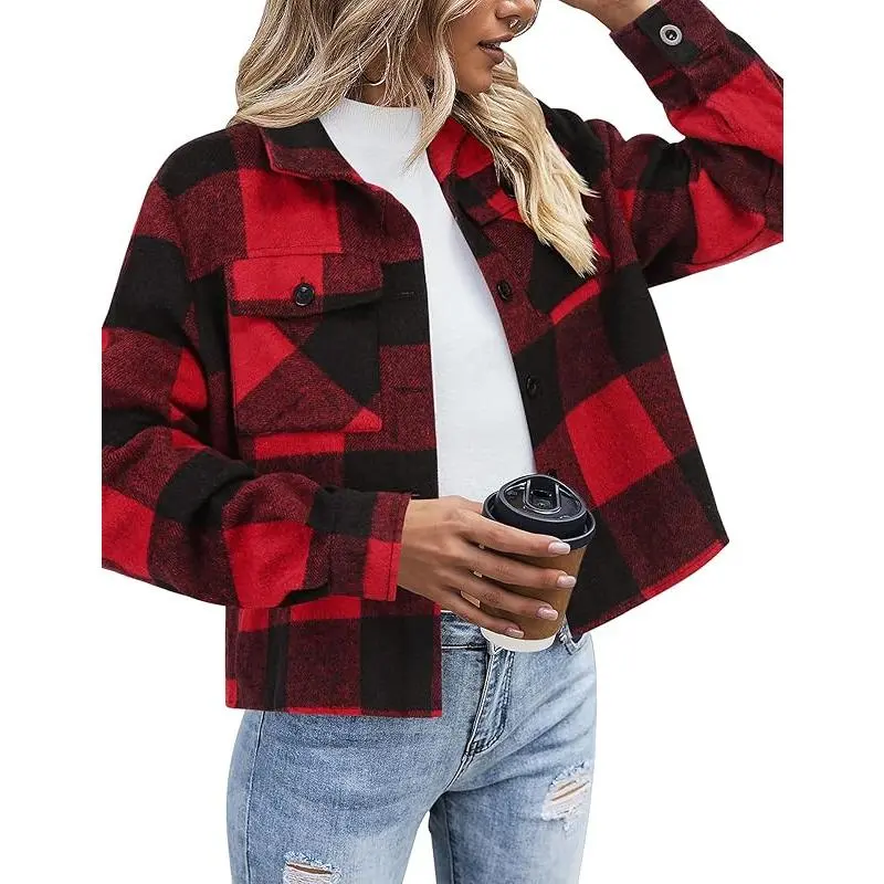 Women's Plaid Flannel Shacket, Casual Cropped Long Sleeve Button Down Shirt Jacket, Fall Fashion Coat Tops