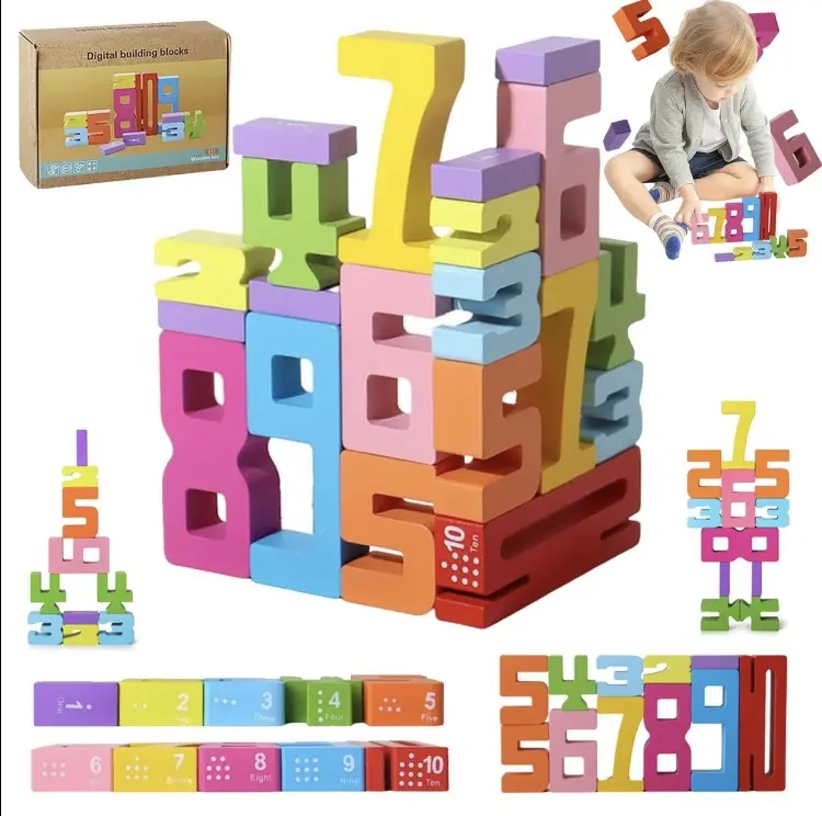 20PCS Wooden Number Building Blocks1-10-Montessori Math Stacking Number Blocks Toyswith Counting Games, Digital Building BlocksFriends of 10, STEM Learning Toys for Kids Ages3-8