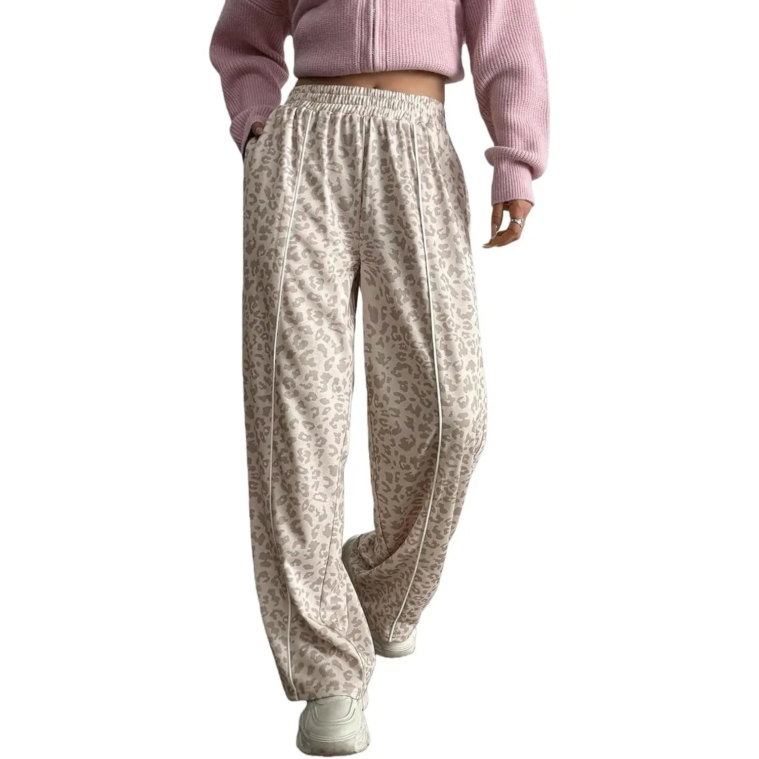 Women's Wide-Leg Color-Block Leopard Patchwork Sweatpants - Elastic Waist, Pockets for Casual Sportswear Joggers