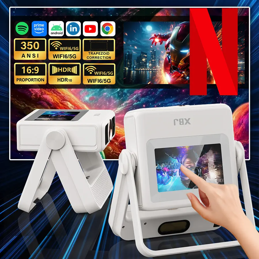 XBJ A5PRO projector supports 8K/1080P resolution, features a smart touch screen, includes dual‑band Wi‑Fi 6/5G, Android 11, Bluetooth 5.4, 350 ANSI lumens, wireless mirroring, suitable for home entertainment.