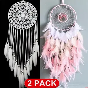 2pcs Pink + White Tree of Life Dream Catcher Handmade Feather Dream Catchers Wall Hanging Ornaments for Bedroom Home Decor Blessing Christmas Thanksgiving Gift Wedding Party