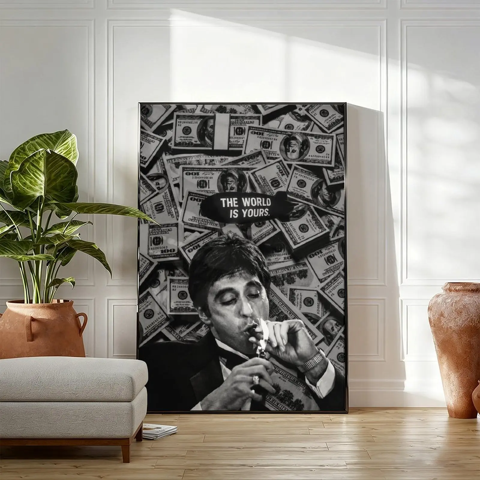 Scarface Tony Montana "The World Is Yours" Canvas Wall Art Print - Vintage Black-White Dollar Bills Gangster Movie Poster, Hustle Motivational Wood Framed/Unframed Multi-Size Decoration for Office, Room (12x18in/30x45cm, 24x36in/60x90cm)