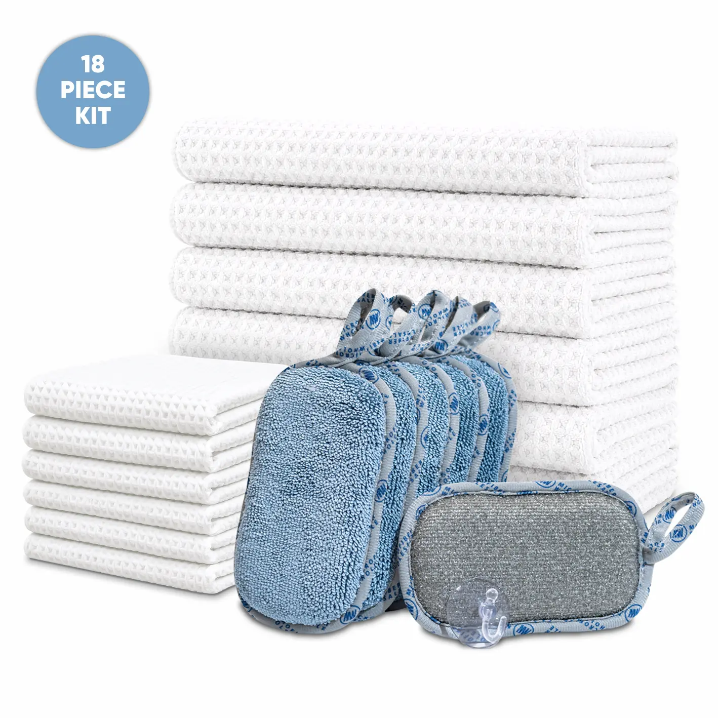 Dish Washing & Cleaning Kit 18 Piece | Microfiber Dish Cloths for Washing Dishes 10x10, Scrubber Sponges & Waffle Weave Dish Towels 16x24 | Super Absorbent Quick Dry Kitchen Towel Set for Drying Dishes | Lint Free Streak Free | Reusable | White