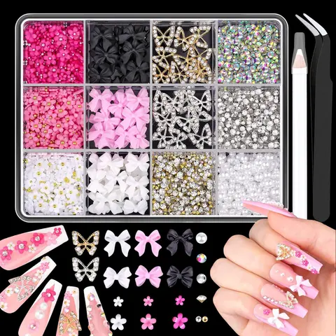 Women’s 3D Nail Glitter Charms Set - Bow, Faux Pearl, 3D Nail Flowers, Rhinestones & Art Accessories for DIY Handicrafts, Summer Gift