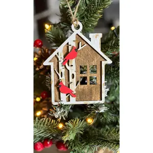 Rustic Cardinal House Ornament Wooden Christmas Decoration with Red Cardinals for Farmhouse Holiday Tree 3D Layered Birch Design 4-4.5" Tall Gift for Rustic Home Decor Lovers