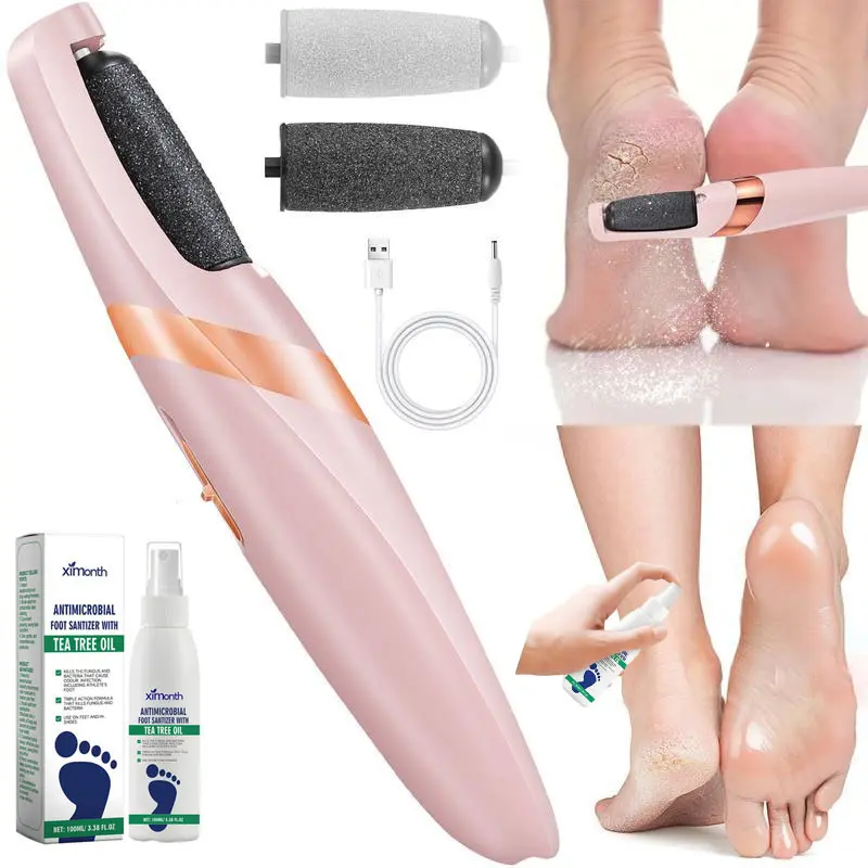Rechargeable Electric Callus Remover & Tea Tree Oil Sanitizer Spray Kit - Lightweight Nail Care Tool for Cracked Heel Repair, Odor Control, Dead Skin Removal, Smooth At-Home Professional, Smooth Feet