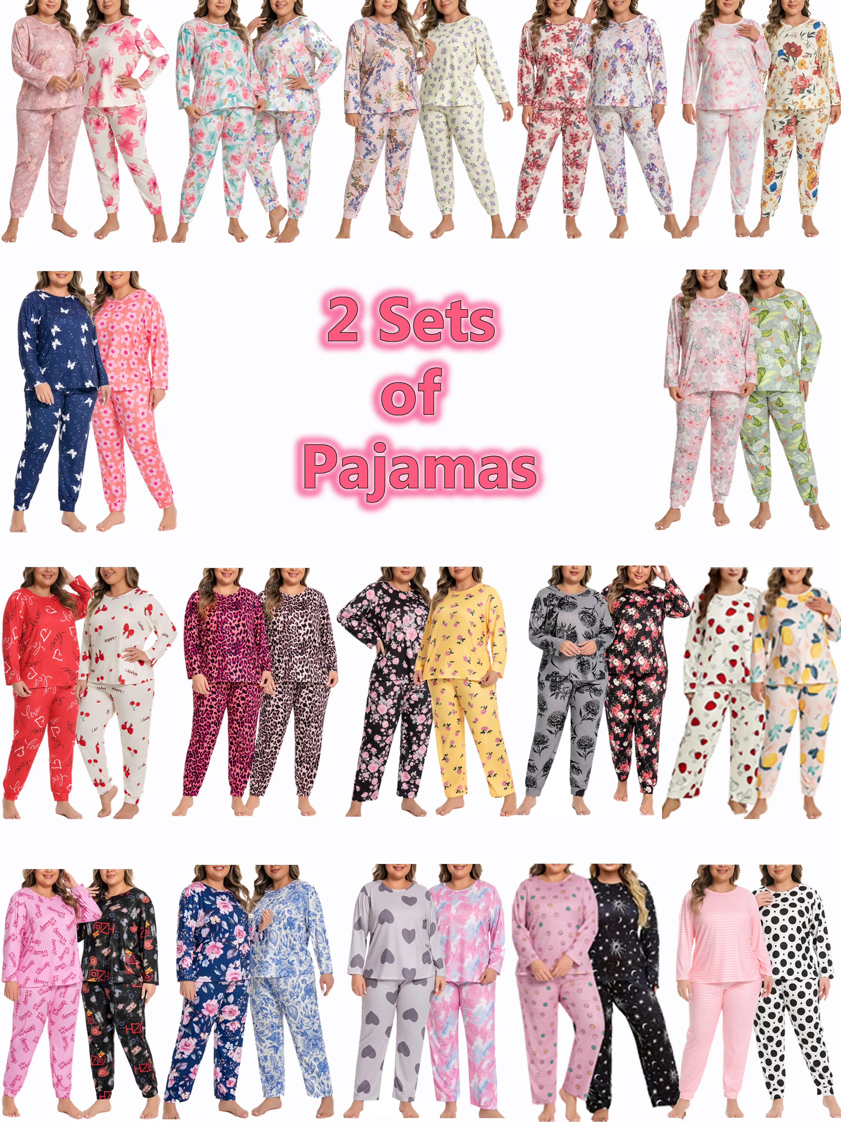 LONAGIRL Women's Plus Size Pajama Sets, 2-Pack Printed 2-Piece Sleepwear, Soft Loungewear with Long Sleeves for Lady, Fit, Pj Sets For Women, Floral, Plus Size Clothes, Pajama Sets Women