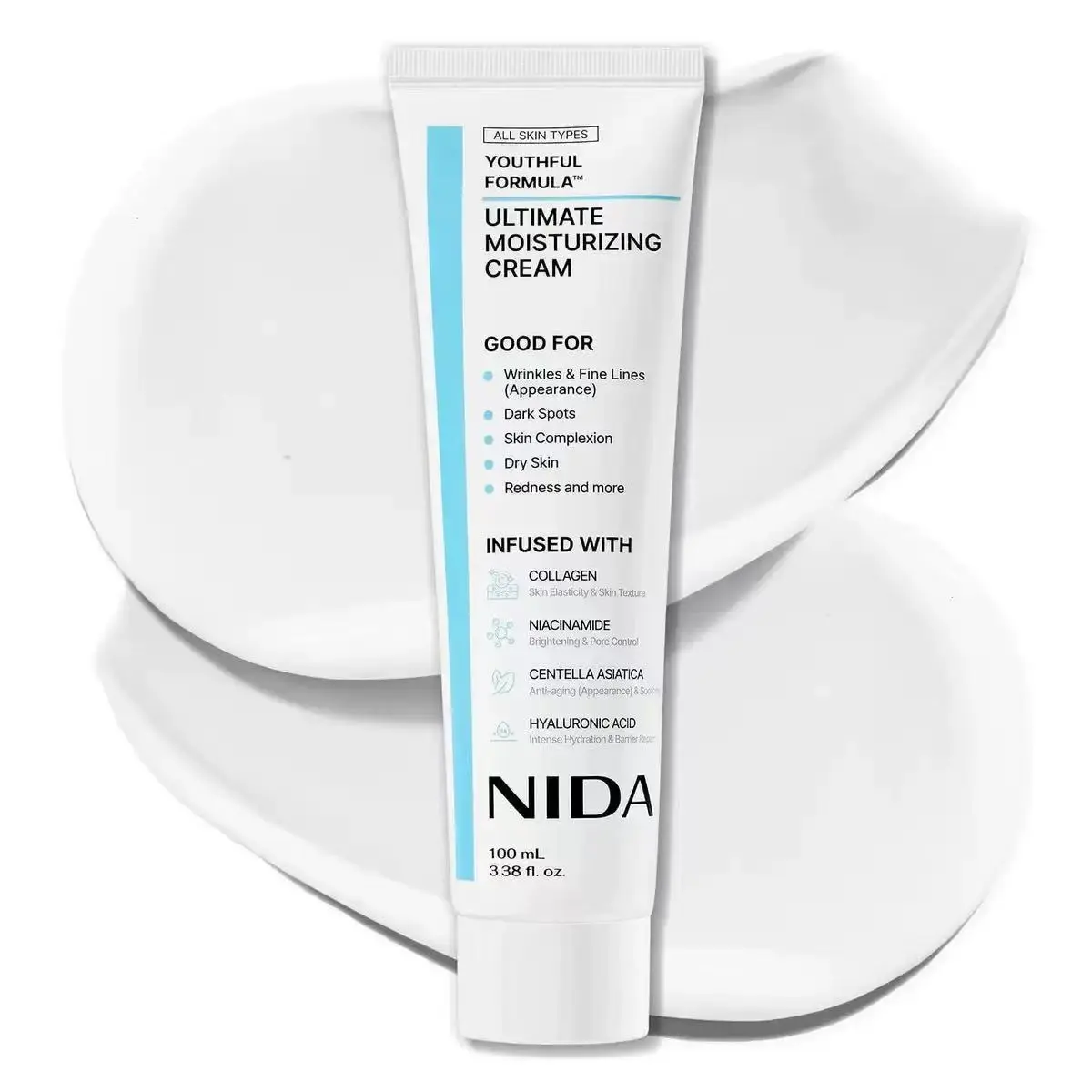 100ml NIDA Youth Moisturizing Cream with collagen, niacinamide, centella asiatica, and hyaluronic acid. Helps fade dark spots and wrinkles, perfect for daily moisturizing