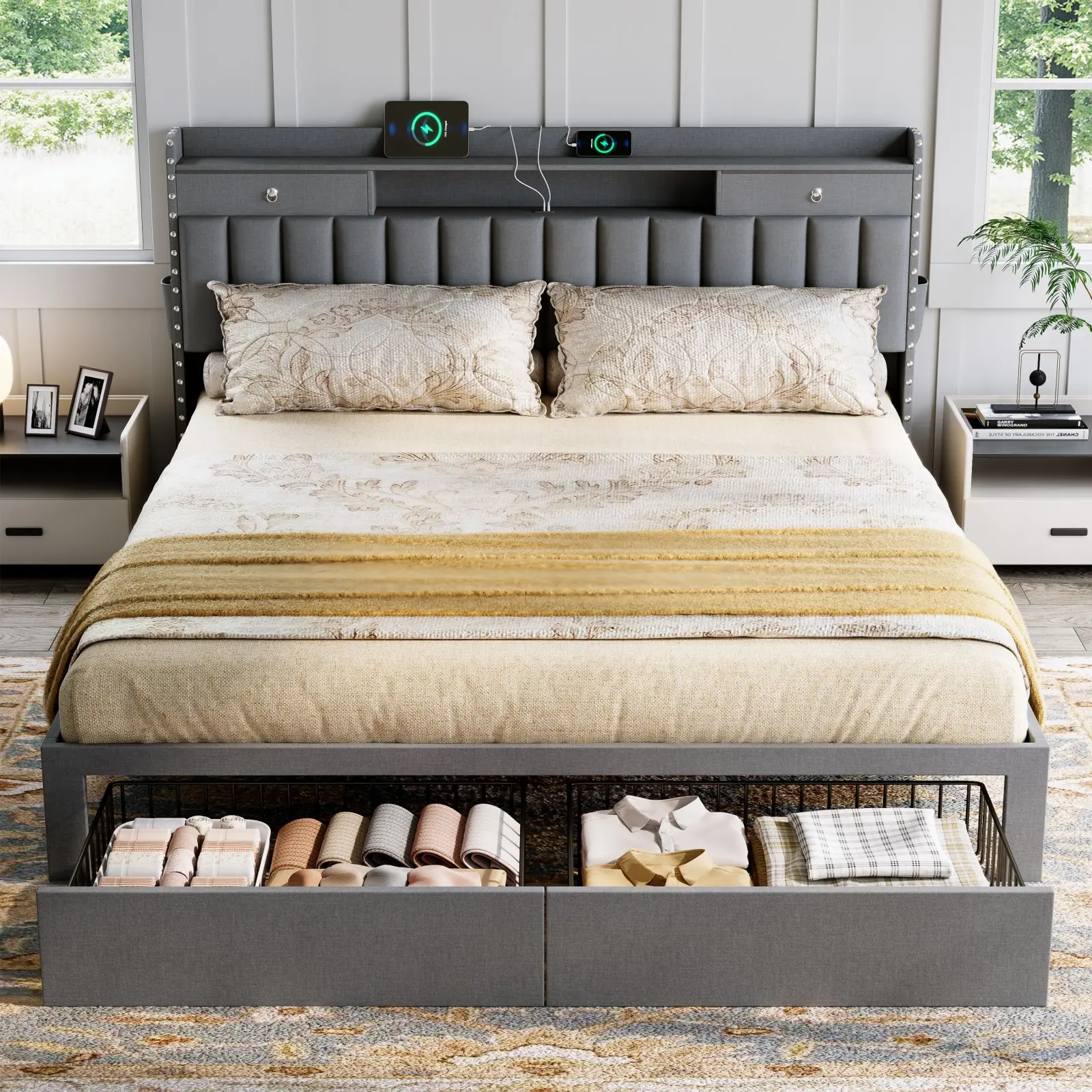 TryLazy Bed frame for Queen Bed Frame with Headboard&Charing Station,NO MATTRESS, Luxury Upholstered Bed Frame with Storage, 2 Drawers & Shelf on Headboard, NO Noise, KING, QUEEN, FULL