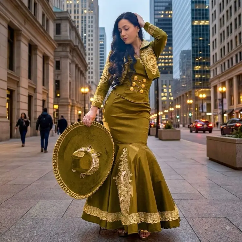 Charro Dress in Taffeta Fabric with Slight Stretch, No Hat, Perfect for Special Occasions