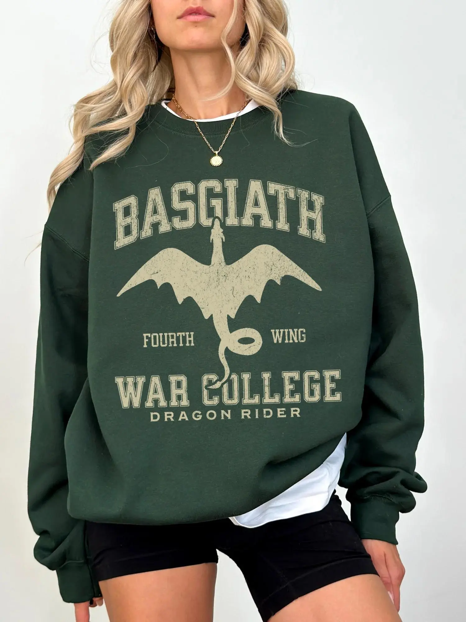 Women's Cotton Long-Sleeve Round Neck Basgiath War College Sweatshirt - Fourth Wing Dragon Rider Crewneck, Fantasy Book Lover Pullover, Collegiate Dragon Gift Tops Clothes