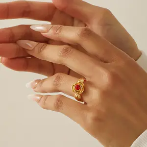 18k Gold Plated Women's Red Rose Ring 3D Rose Design Elegant Jewelry for Women Perfect Gift Luxury Moother's Day Gifts