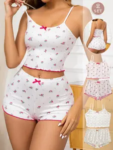 Women's Sleepwear Set, Camisole Sets, 2 Pcs Sleeveless Short Pants Casual Underwear, Cute Plain Home Clothes, All Seasons Comfortable Fit