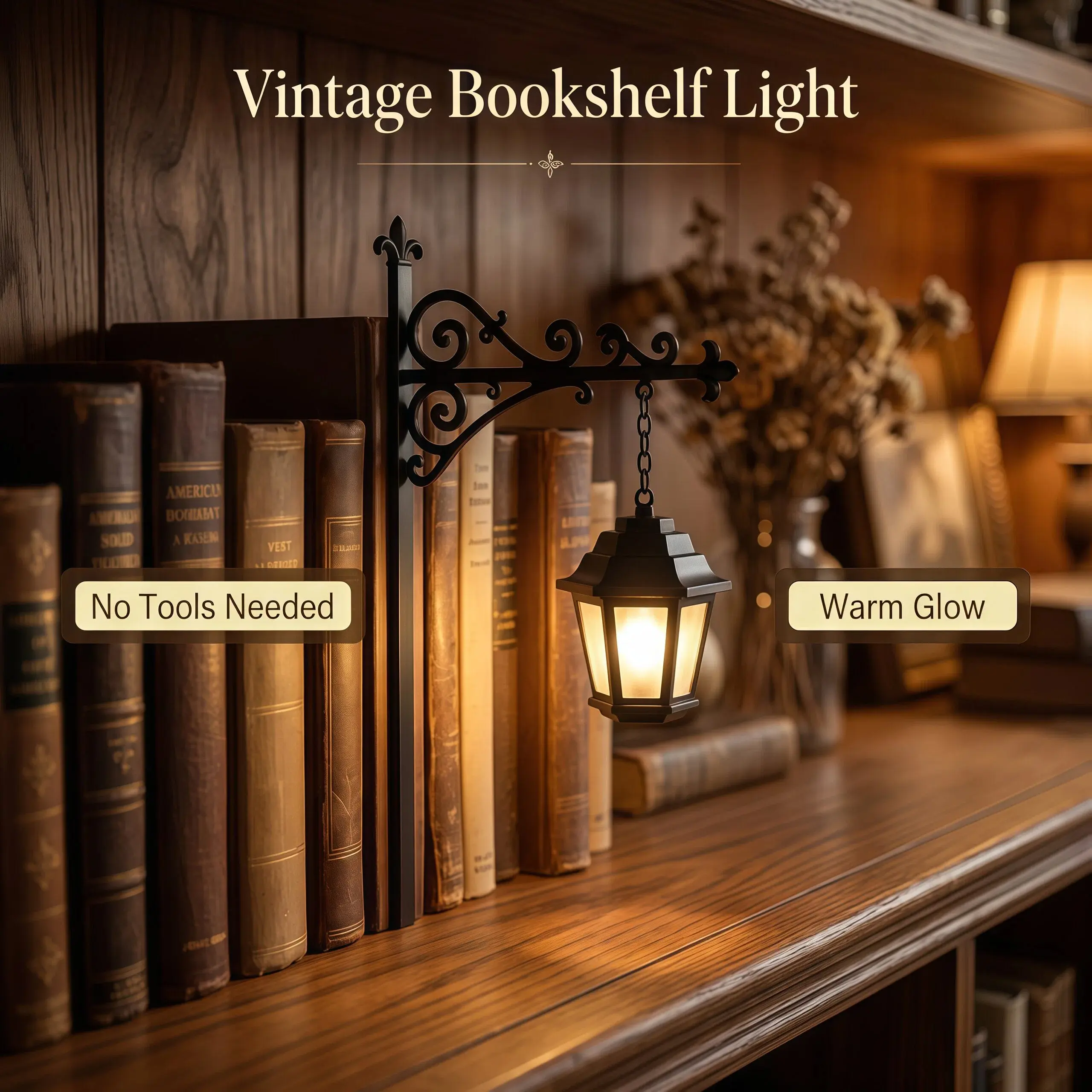 Library Lantern Bookshelf Lamp, Vintage Hanging LED Shelf Light with Bookend-Style Base, Halloween decorations Warm Decorative Reading Nook Lamp for Home Library, Study Corner, Bookworms & Book Lovers Gift
