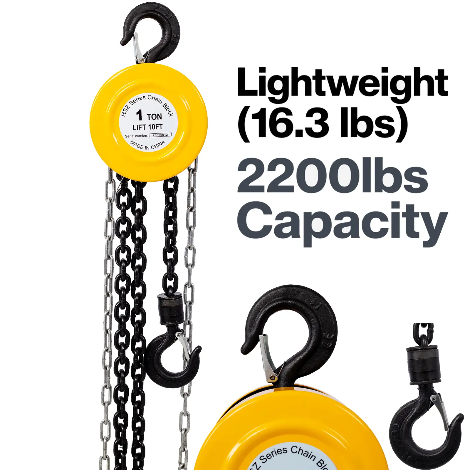 Industrial Manual Chain Hoist - 1t Model with Brake System, 2200lbs Capacity, 10FT Lift, Black/Yellow Steel Chain Block, 2 Heavy-Duty Hooks, Durable for Warehouse & Construction Lifting