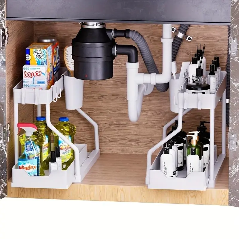 Space-Saving 2-Tier Pull-Out Storage Rack, Durable Plastic Ideal for Kitchen and Bathroom Organization, Holds Bottles Spices & Utensils, Bathroom Organizing Accessories, Bathroom Essentials Accessories