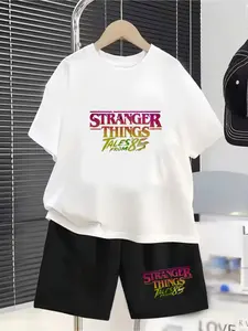 Stranger Things: Tales From '85 Retro Gradient Logo Print Children's Set - Summer New Design - Boys' And Girls' Short-Sleeved T-Shirts + Shorts 2-Piece Set. Comfortable, Casual, Fashionable And Versatile For Daily Wear. Ideal Gift Choice.