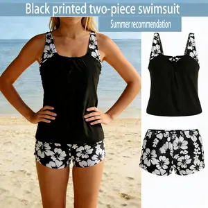 Women’s Black and White Hibiscus Print Tankini Set, Loose Fit Two-Piece Swimsuit with Floral Trim, Comfortable Swimwear for Beach Vacation and Casual Pool Days
