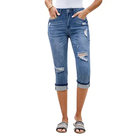 luvamia Women's High Waisted Stretch Capri Jeans - Distressed Ripped Skinny Fit Cropped Denim with 5 Pockets, Basic Calf-Length Pants for Women, Ideal for Family Pictures, Date Night