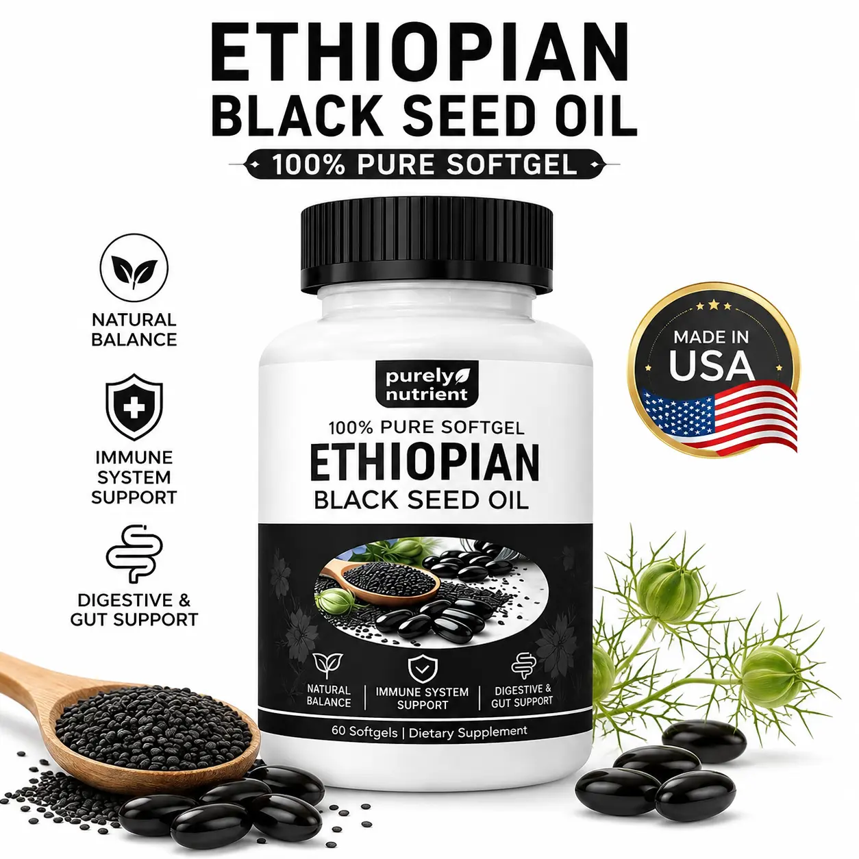 Ethiopian Black Seed Oil Softgels, 60 Count, 4.64% Thymoquinone, 800mg Cold Pressed Oil, Daily Nutritional Support