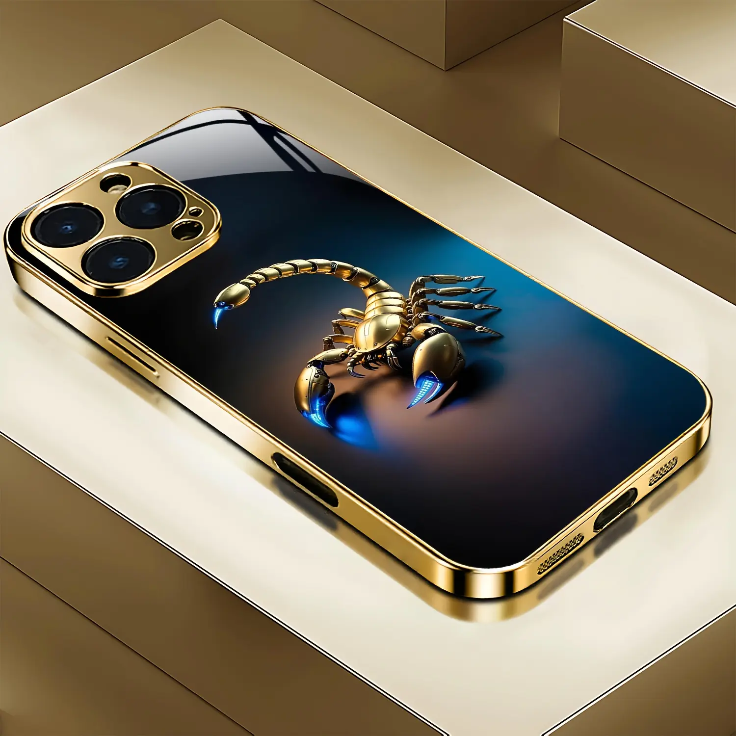 Gold Electroplated Scorpion Pattern Smartphone Case with UV-Printed Matte Tempered Glass Full Coverage, Anti-Fouling Durable Classic Casing, Gold Electro Glow Design for iPhone 11-16 Pro Max, Cellphone Protection Accessory & Screen Protector