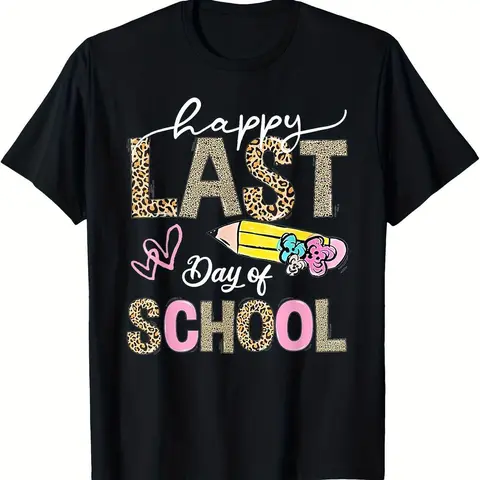 Men's Cotton Casual Classic Loose Short-Sleeve Graphic T-Shirt - Breathable Soft Leopard-Print, Happy Last Day of School Design, Unisex S Size, 2026 Summer Menswear Fabric