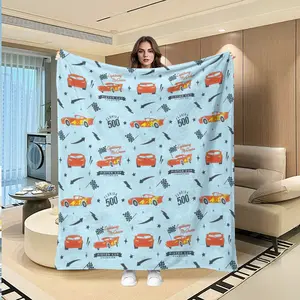 Cars Lightning Mcqueen Full Print Flannel Cozy Throw Blanket, Light Blue Background, Racing Event Elements, Comfortable Bed Sofa Cover, Holiday Gift