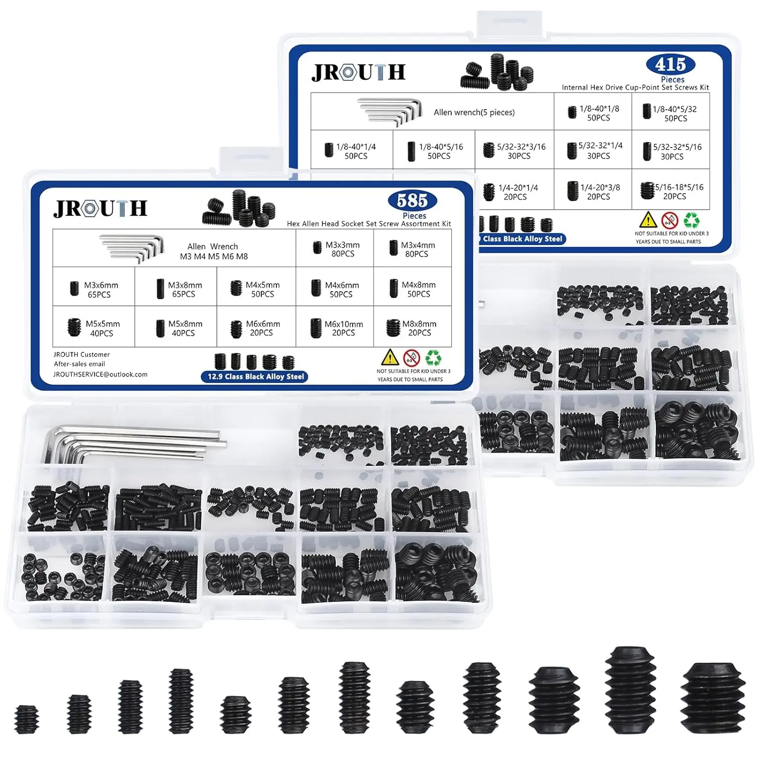 1000pcs Metric + SAE Set Screw Assortment Kit, Internal Hex Drive Cup-Point Allen Screws Set 12.9 Class Alloy Steel Grub Screw (M3-M8, 1/8"-40 to 5/16"-18)