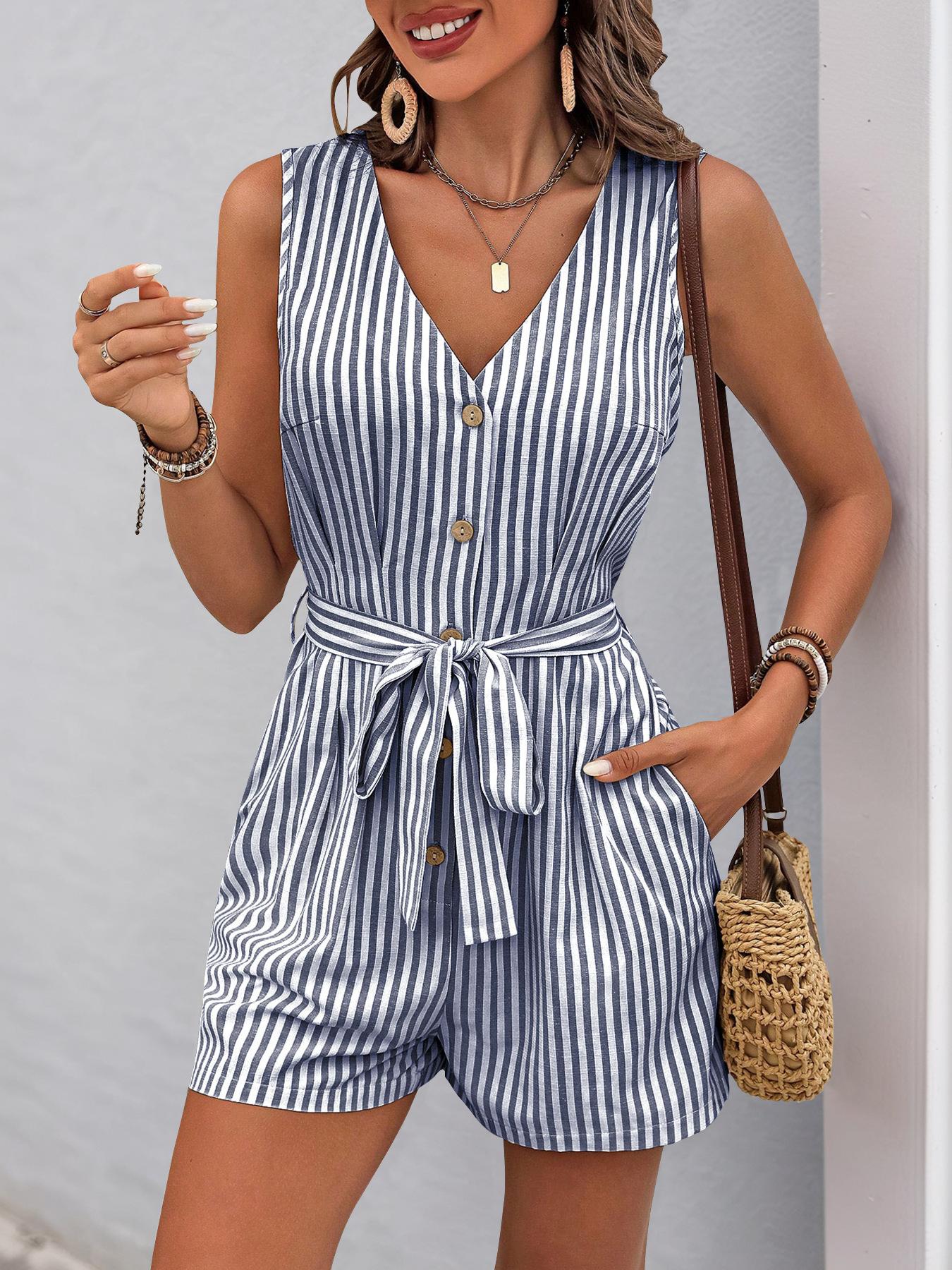 V-neck Sleeveless Striped Jumpsuit Short Pants