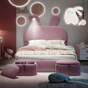 Full Size Upholstered Platform Bed Wood Frame with Cartoon Ears Shaped Headboard and Light, No Box Spring Needed,Pink