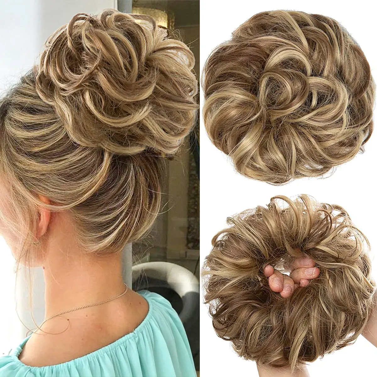 Ailika Women's Synthetic Fiber Hairpiece Messy Bun Scrunchie - Heat Resistant Curly Wave Extensions, Volume Boost, Secure Fit Thick Updo Chignon for Daily, Wedding Use
