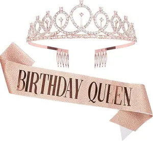 CAVETEE Birthday Crown and Sash for Women Birthday Queen Sash & Rhinestone Tiara Set Birthday Tiaras and Sashes for Women Birthday Decorations Black Birthday Queen Crowns Tiaras for Women