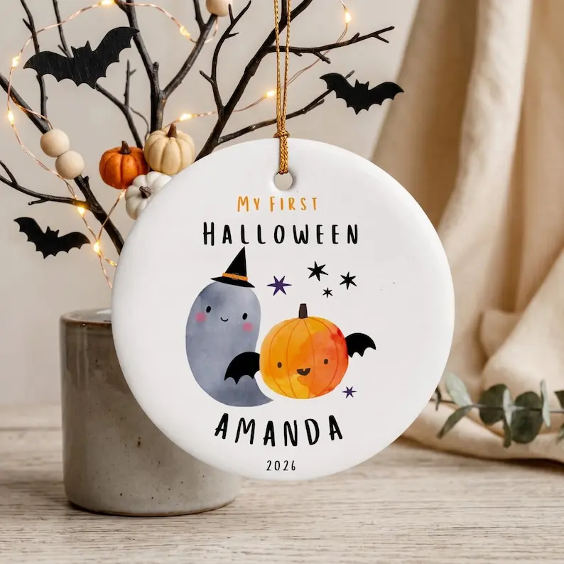 Personalised My First Halloween Ornament, Custom Name Baby Halloween Gift, Pumpkin Ghost Baby’s First Halloween Bauble, 2026 Keepsake