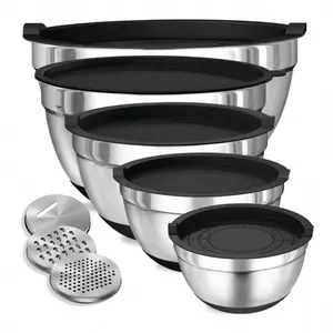 Stainless Steel Mixing Bowl Set 5pcs With Airtight Lids 3 Grater Attachments Non Slip Bottoms Black Kitchenware Tableware 5 4 3 5 2 1 5QT For Baking Serving