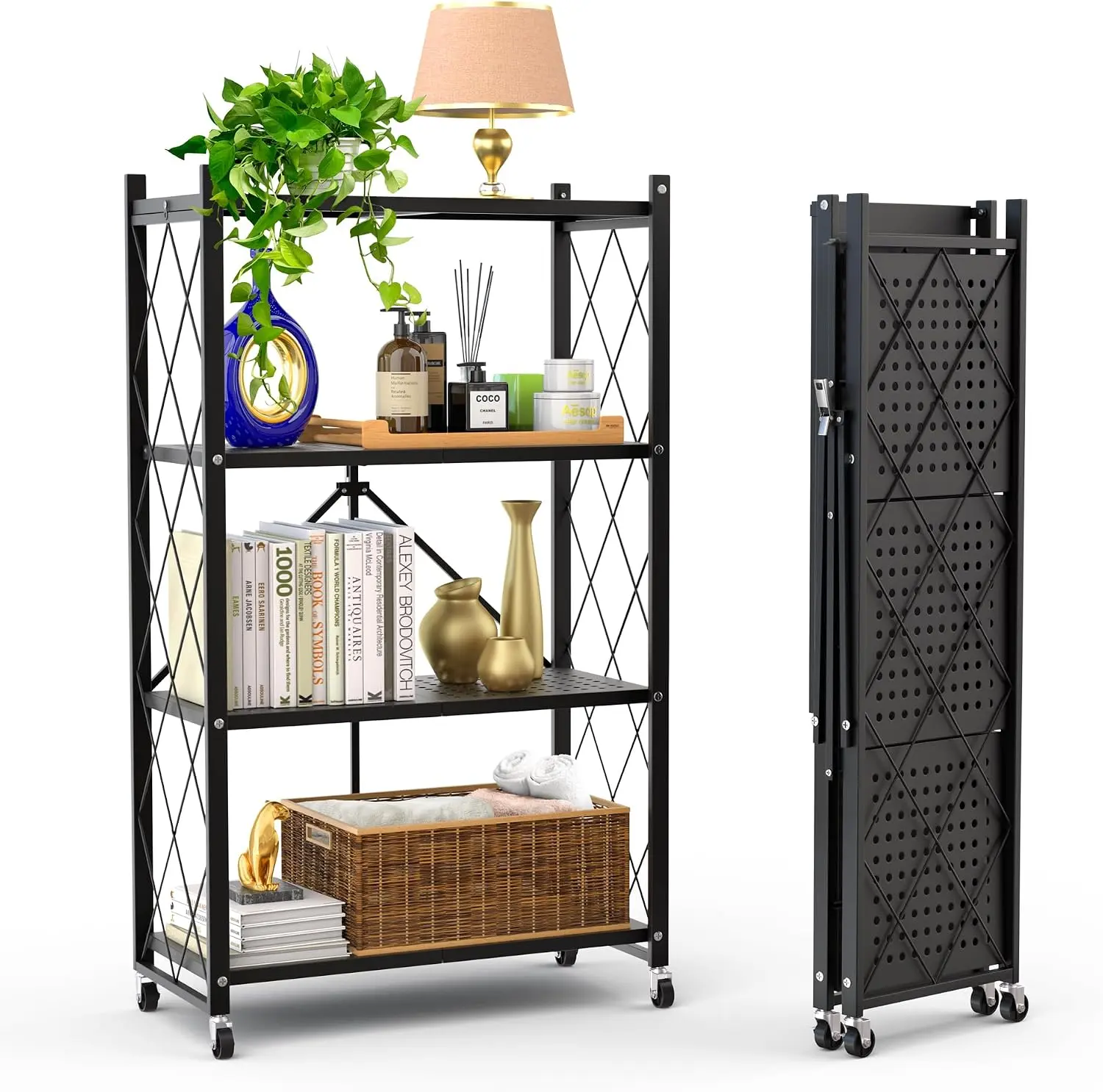 4-Tier Foldable Metal Storage Shelf with Wheels, Collapsible Rolling Shelving Rack, 360° Lockable Casters, Heavy Duty Organizer for Kitchen Pantry Closet Office Garage Books, 90 lb Capacity Per Shelf